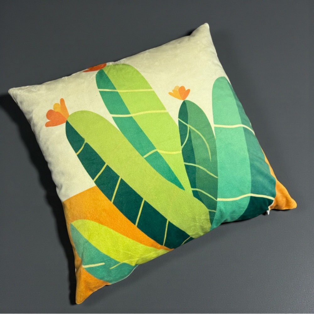 Boho Cactus Throw Pillow w/ Insert 14x14 Plush Yellow Desert Decor NWOT